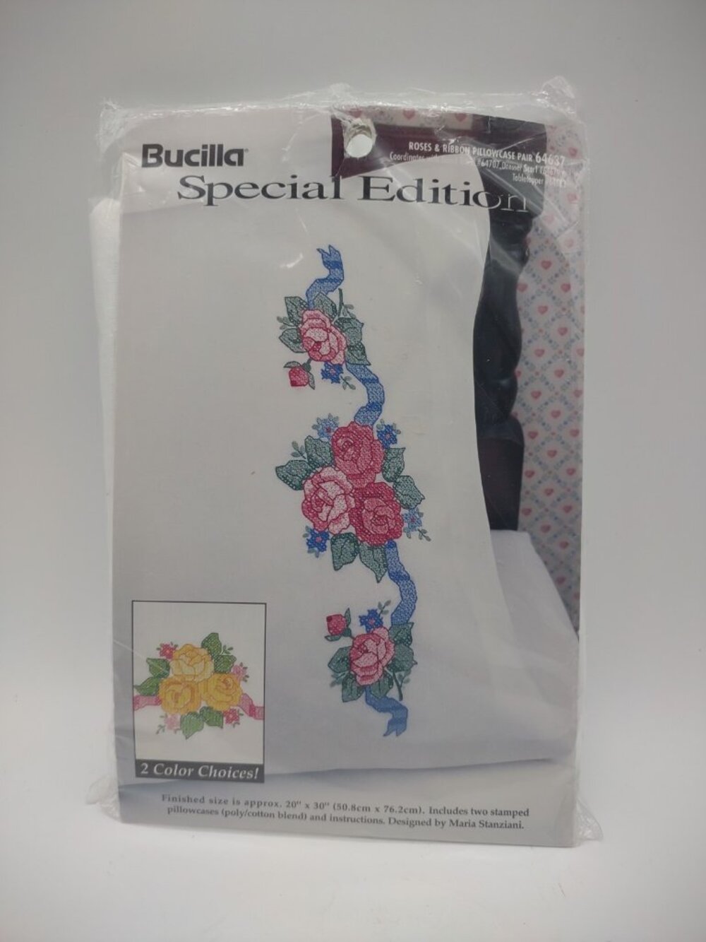 Vintage Bucilla Pillowcase Pair ROSES RIBBONS Stamped Cross Stitch Kit #64637